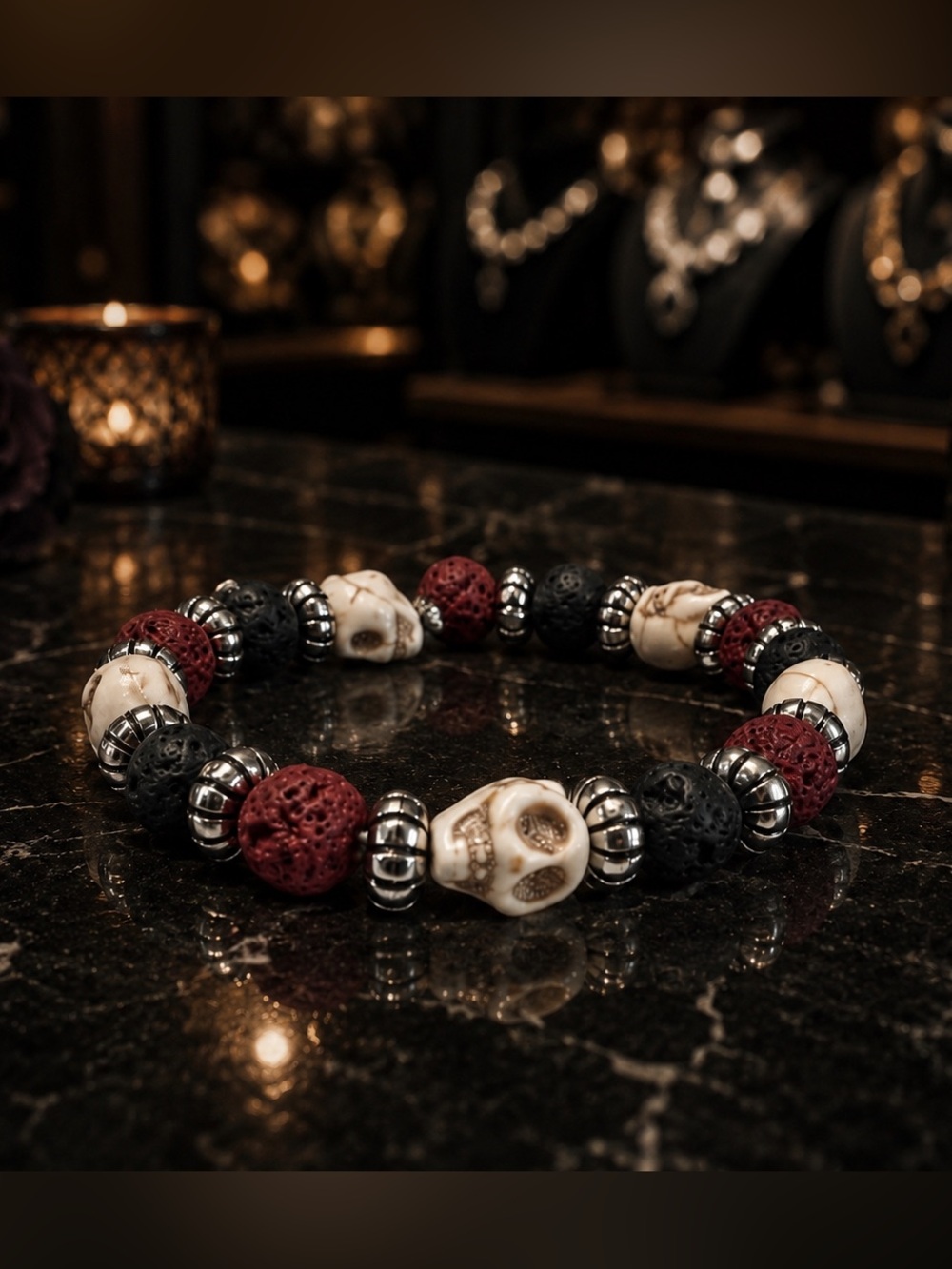 Artisan Jewelry Handmade Gothic Skull Bracelet — Red & Black Lava Stone